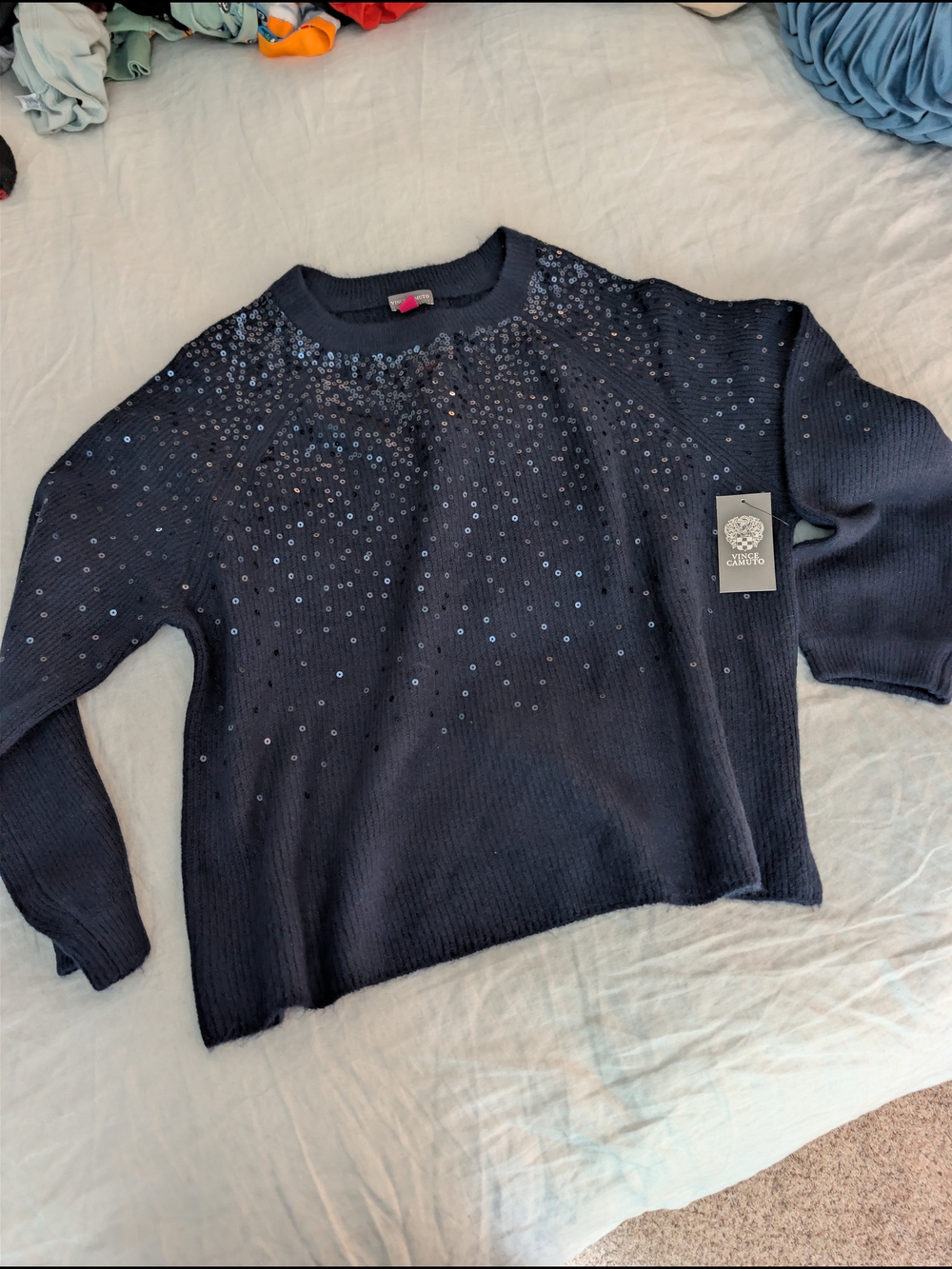Vince Camuto Navy Sequin Crewneck Sweater